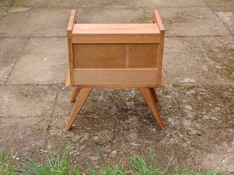 Solid pitch pine bedside table with vintage splayed legs.