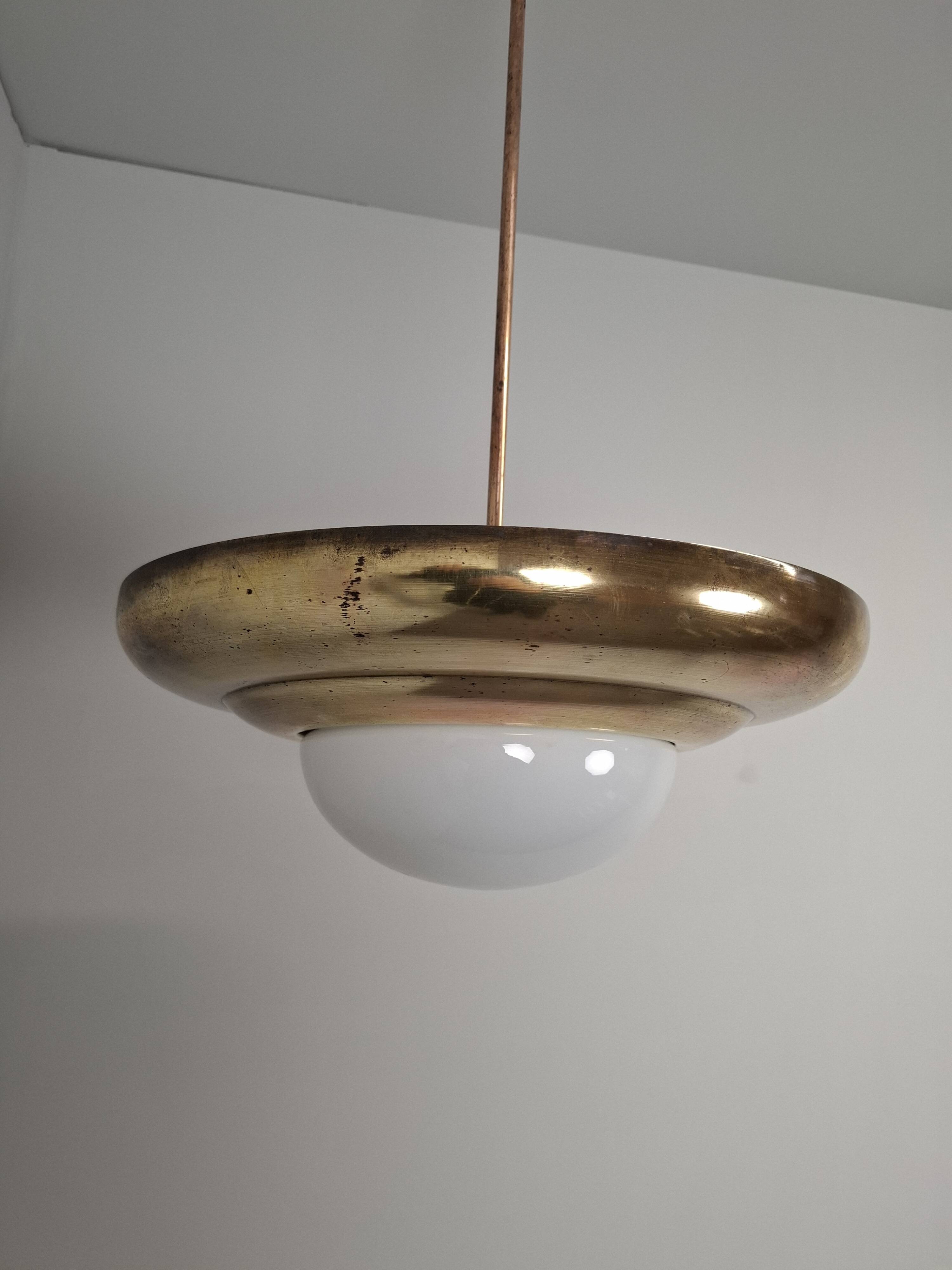 1920 Czechoslovak Art Deco Brass and Opaline Glass Pendant Lamp, Napako 134