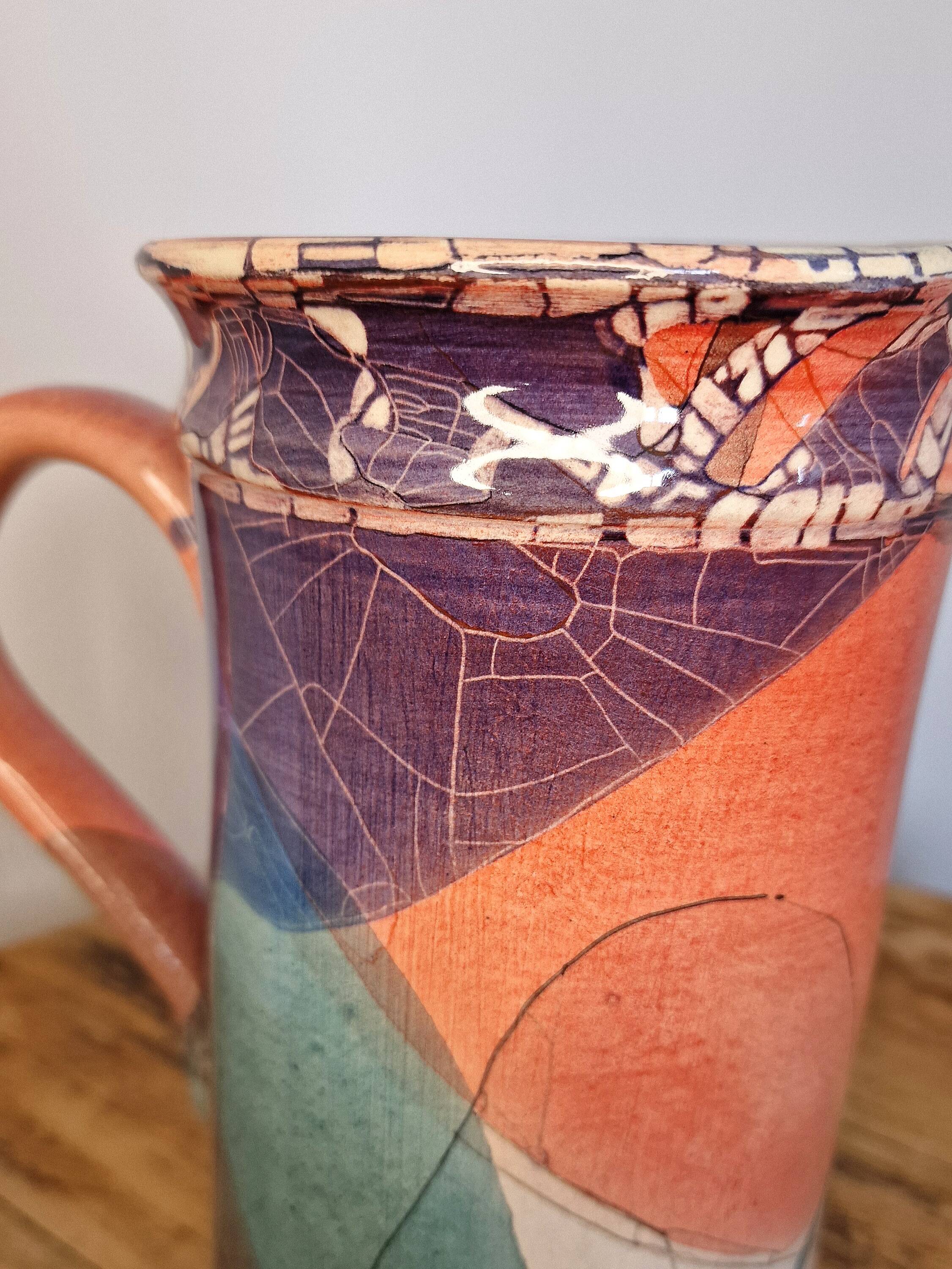 Large sculptural ceramic pitcher by a signed artist – abstract decoration