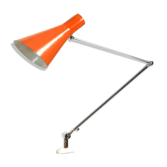 Elegant italian Mid Century brass joint clamp lamp with red cone shade