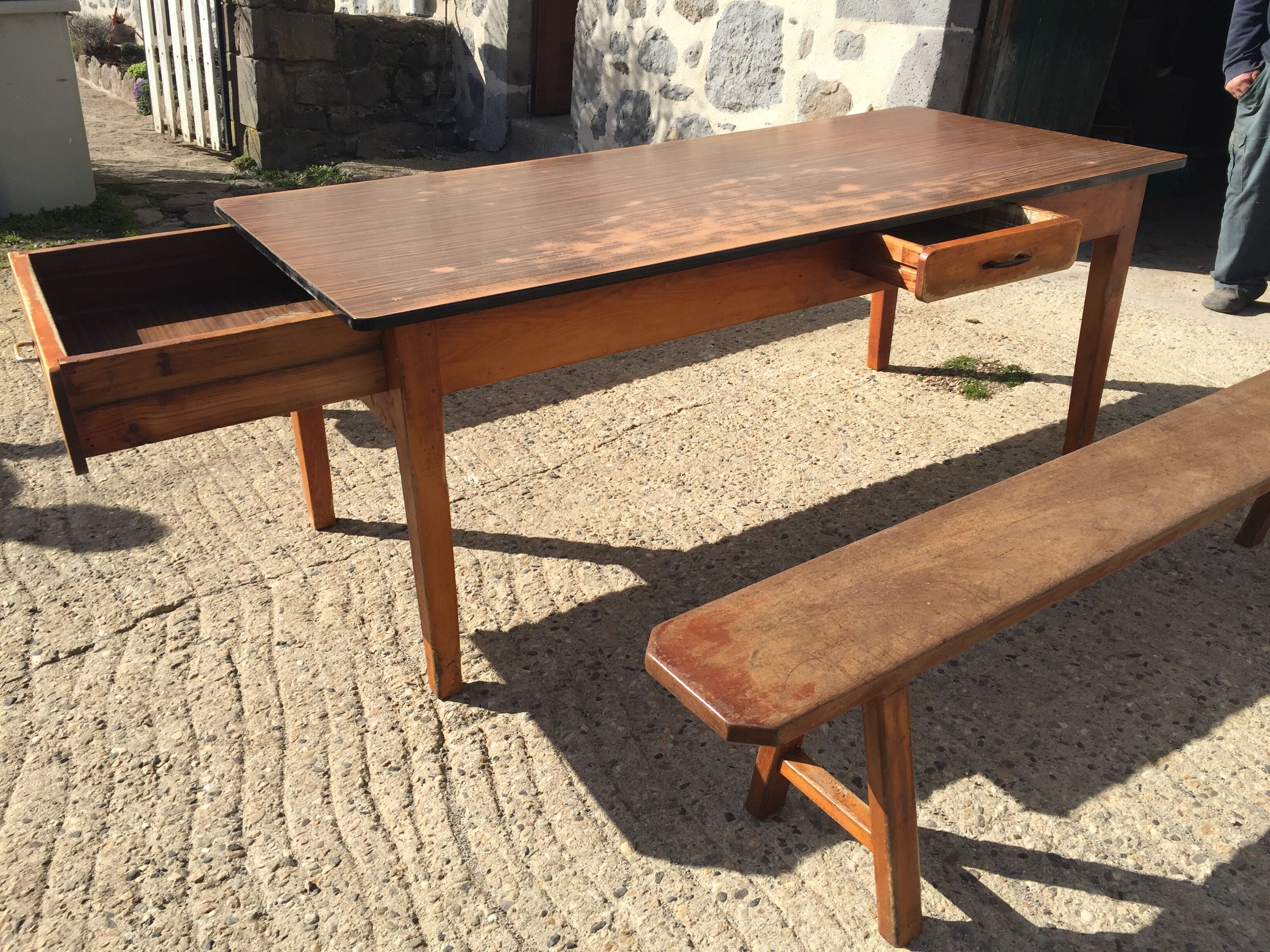 Farmhouse table with 2 wooden benches