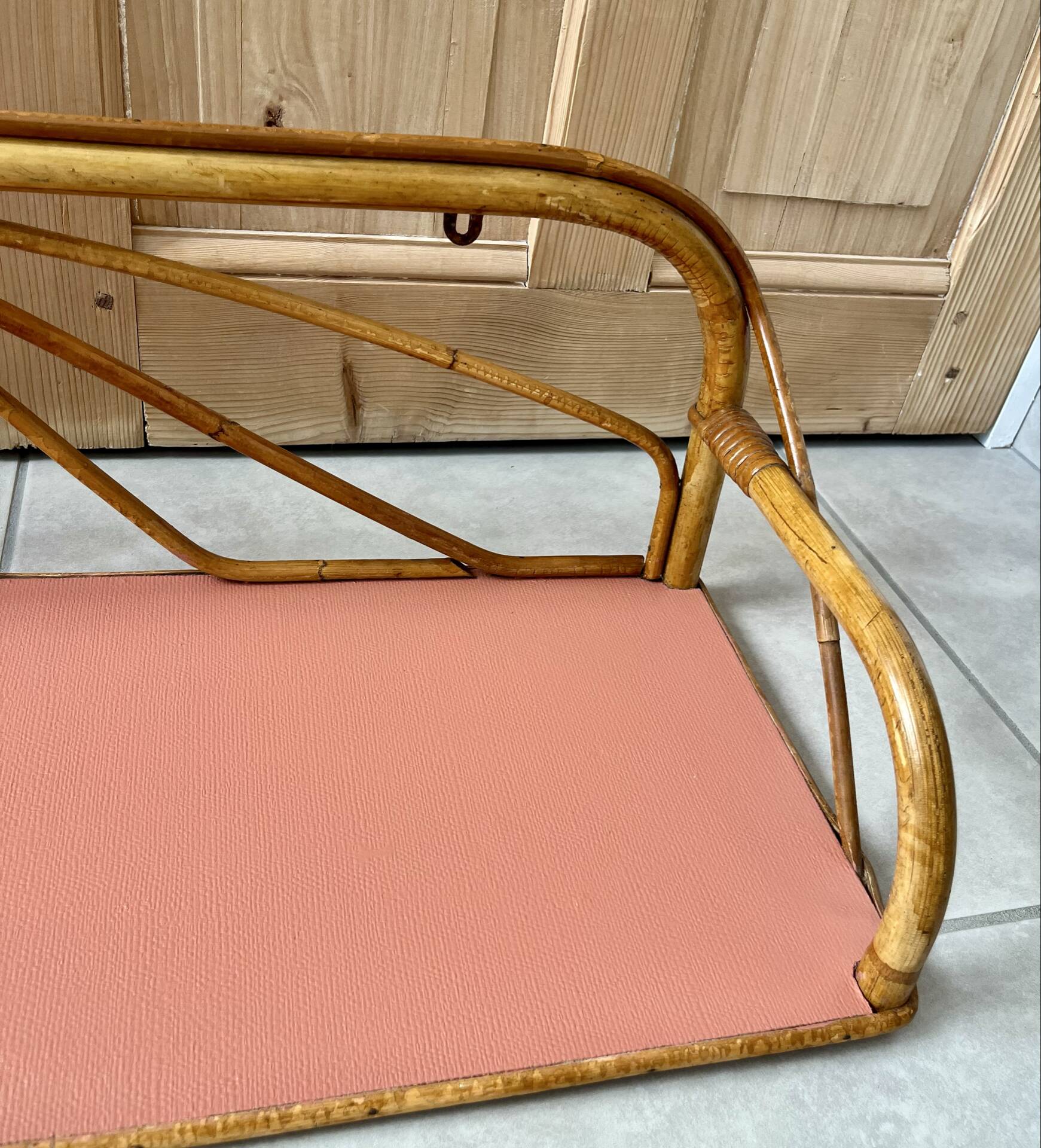 1960s rattan shelf with terracotta top