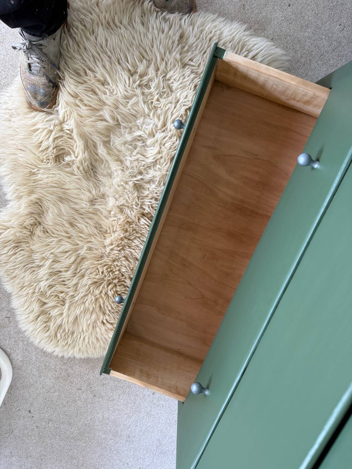 Vintage olive green chest of drawers with striped base