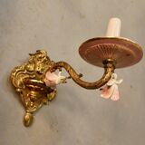 Small Italian Bronze Chandelier with Porcelain Flowers and its 2 Wall Sconces