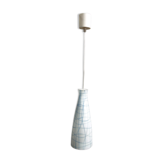 Pendant lamp in white glass with blue lines 1960s