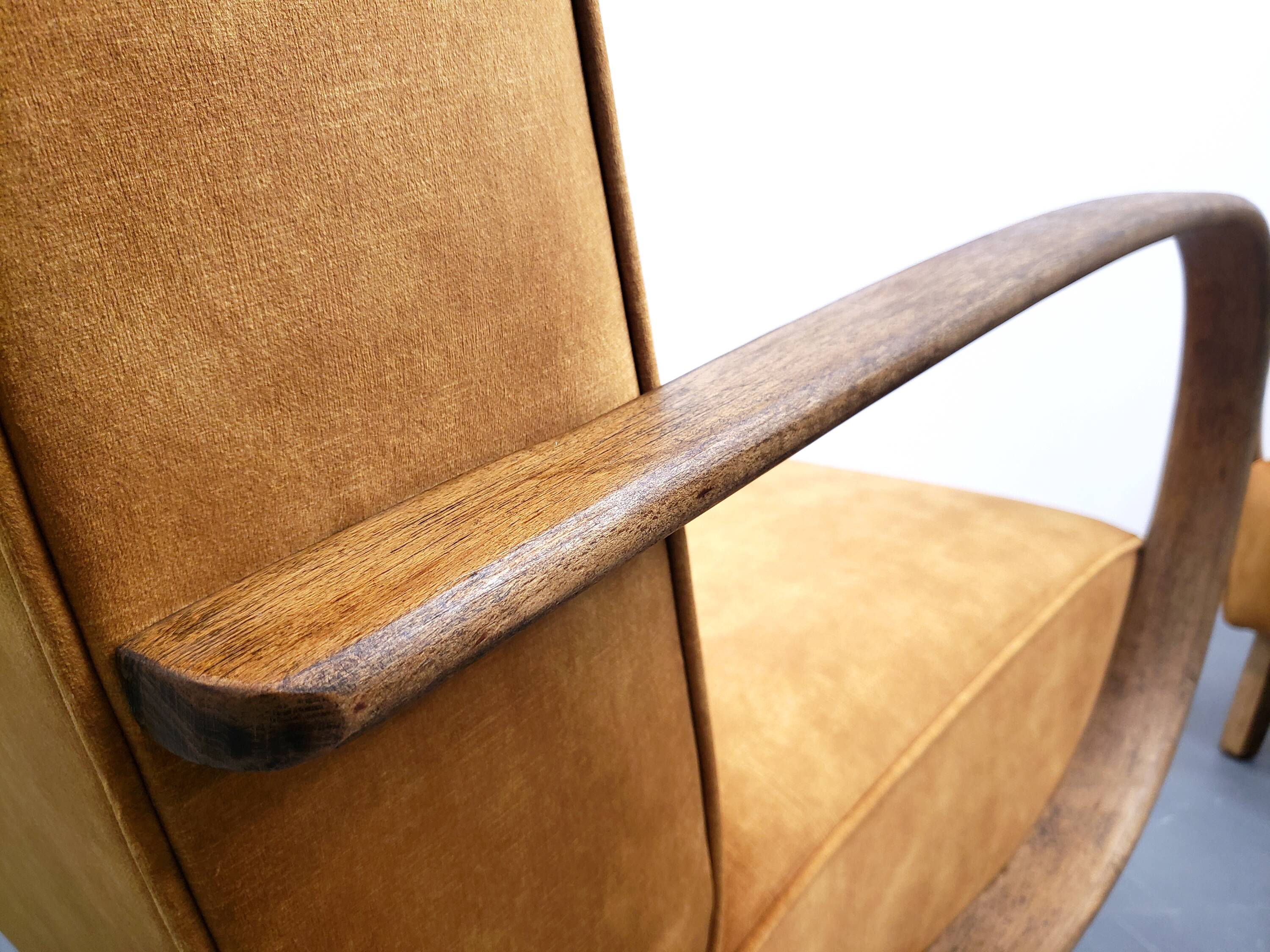 1930 Jindrich Halabala Bentwood Armchair in Rust Brown Velvet