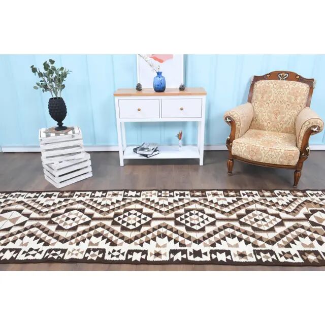 Vintage Turkish Oushak Handmade Wool Cotton White Runner Rug 100x334