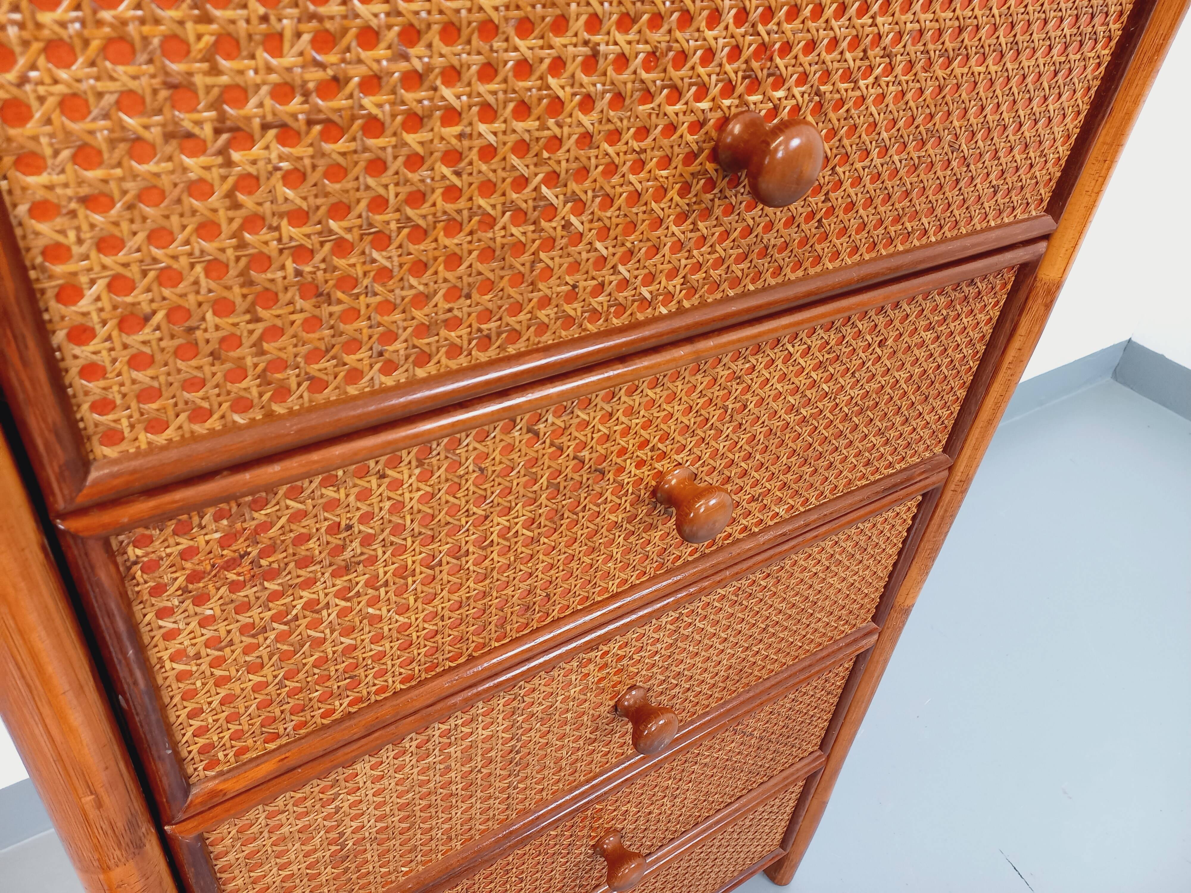 Vintage chest of drawers in rattan, wood and cane