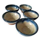 Set of 5 small blue and cream glazed stoneware bowls