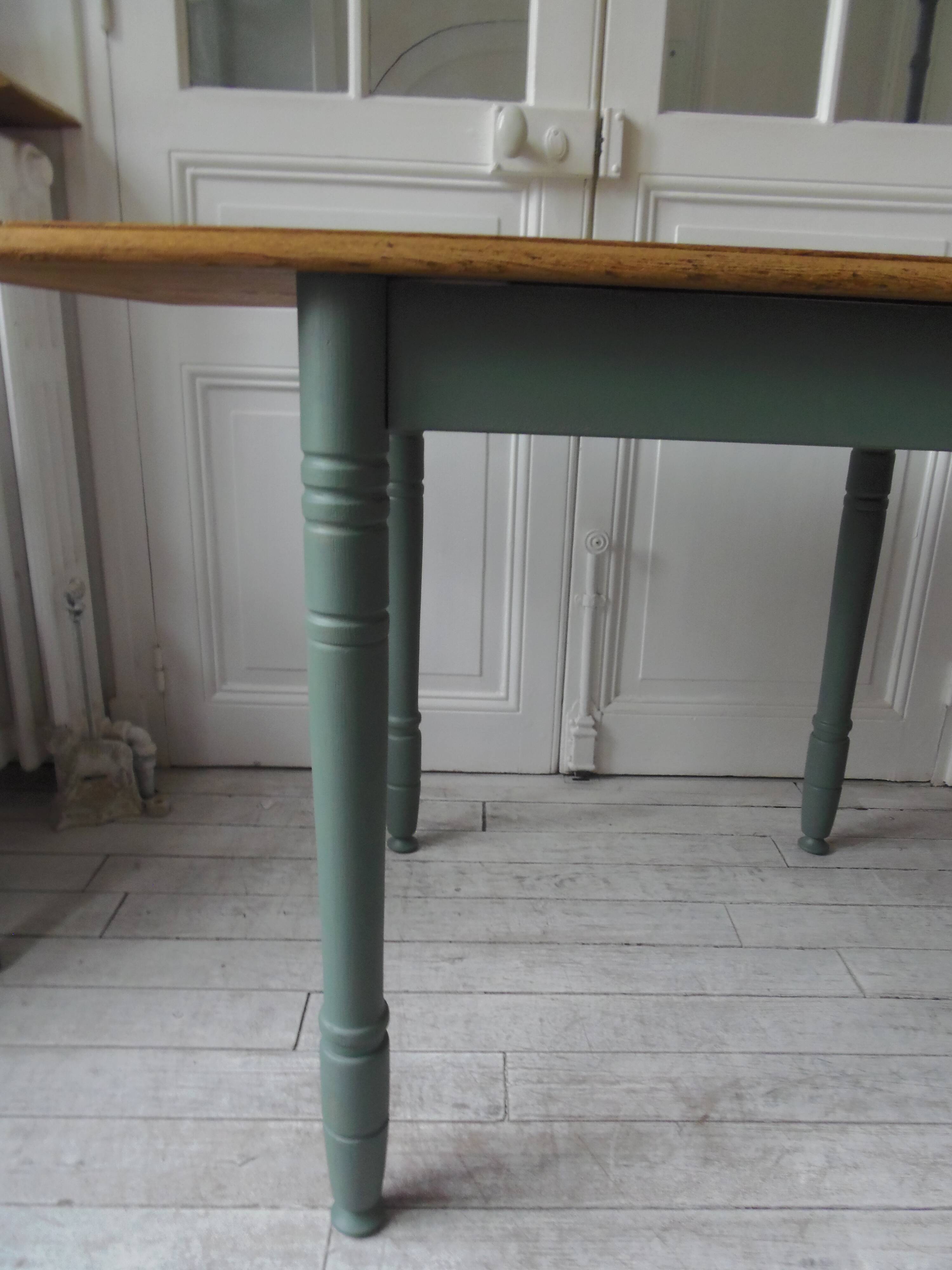 Table, vintage desk with smoked green legs, oak top.