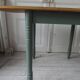 Table, vintage desk with smoked green legs, oak top.