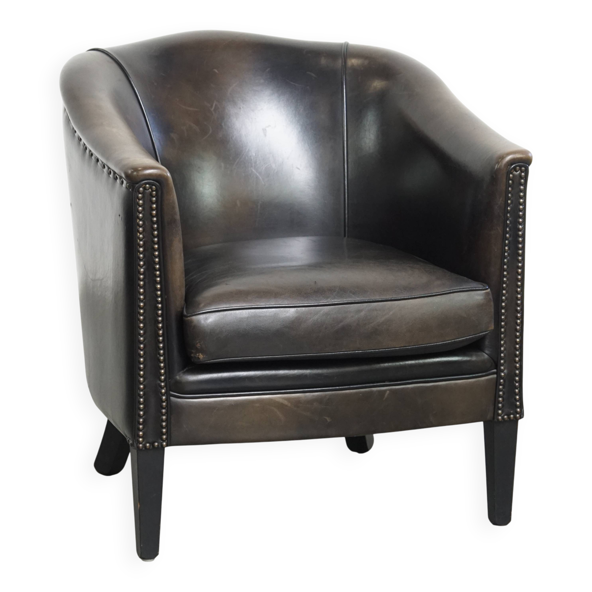 Fauteuil club noir/gris en cuir de mouton