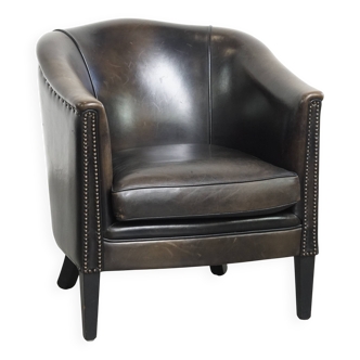 Black/Grey Club Chair Made of Sheepskin Leather