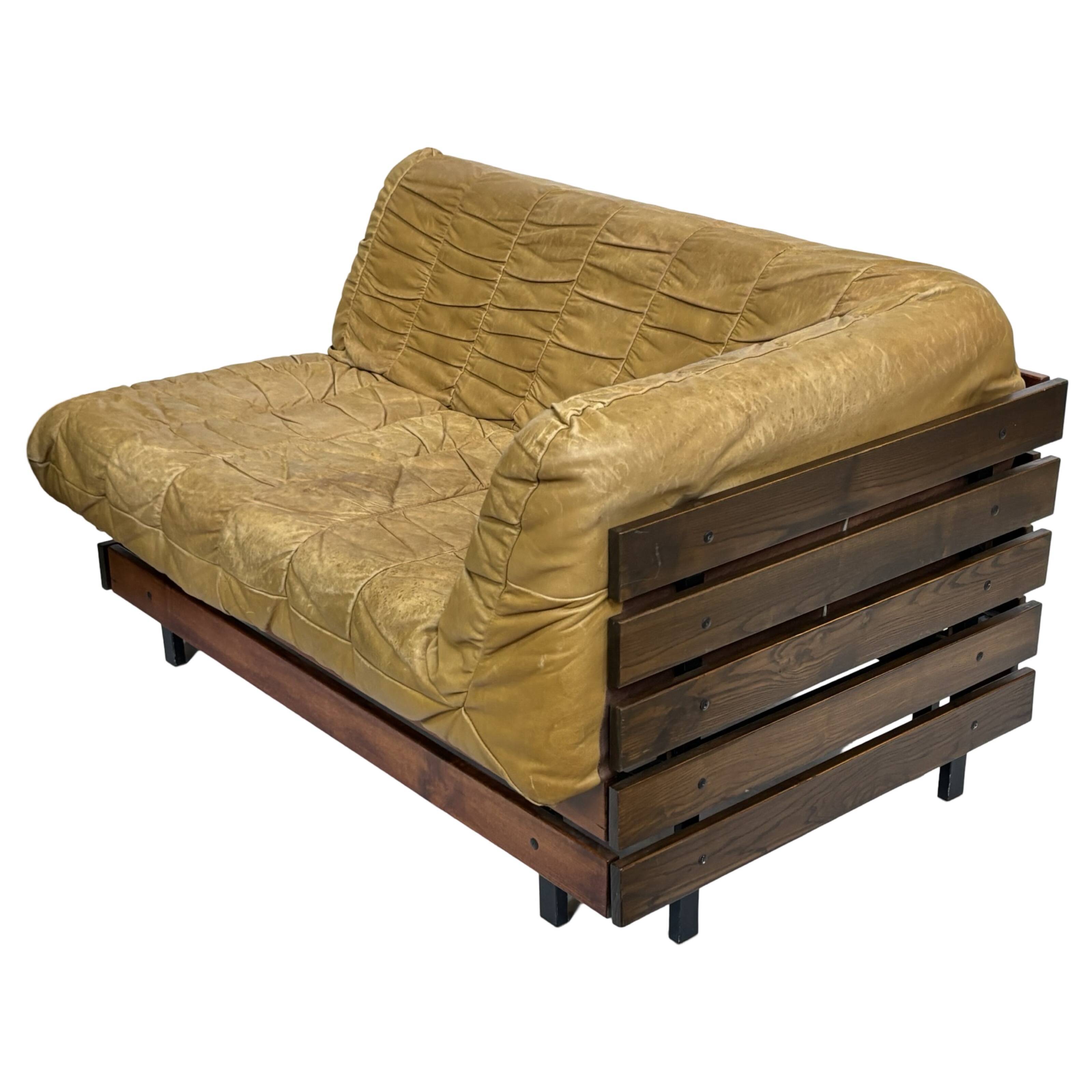 Vintage cognac brown sofa, small slatted model, 1970s