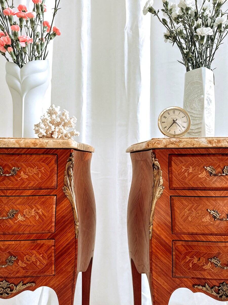 Mid-century French Louis XV style bedside tables with marble tops and floral marquetry, 1940s, set of 2