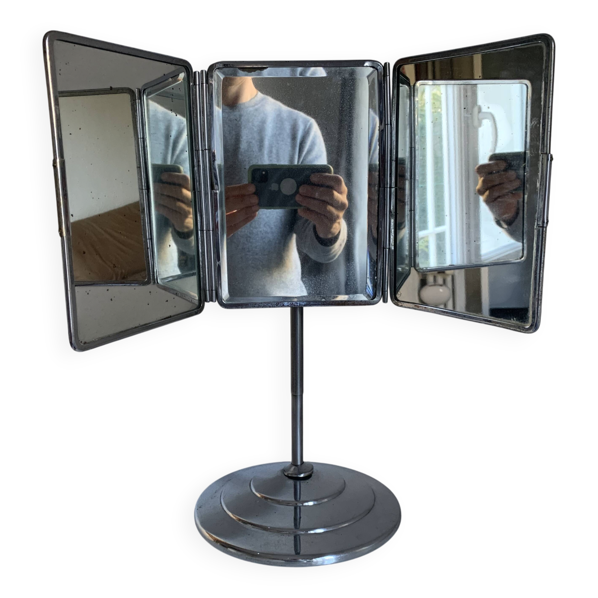 Vintage 1940 triptych barber mirror with bevelled foot - 40 x 35 cm