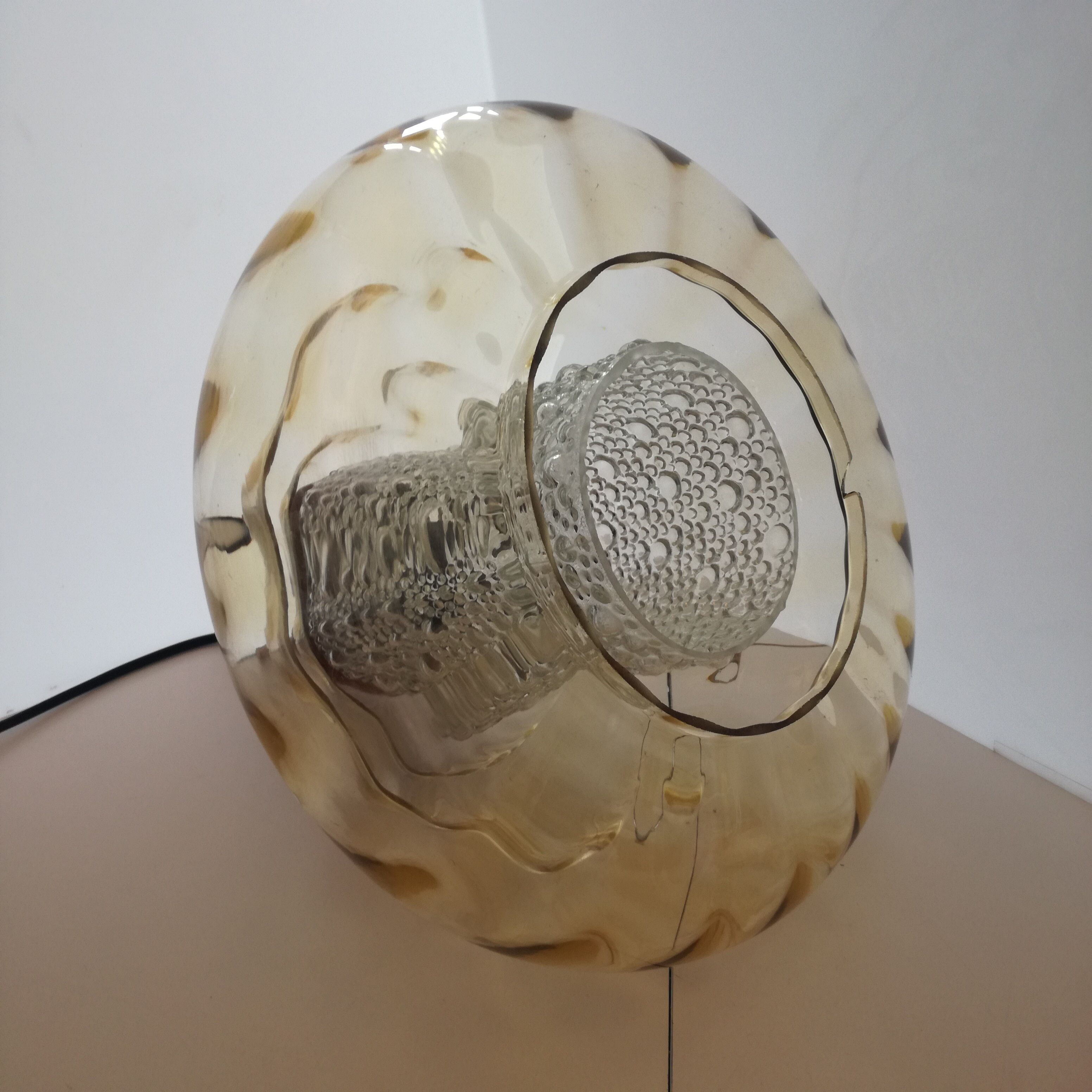 Scandinavian-style pendant lamp in glass and wood, 1970