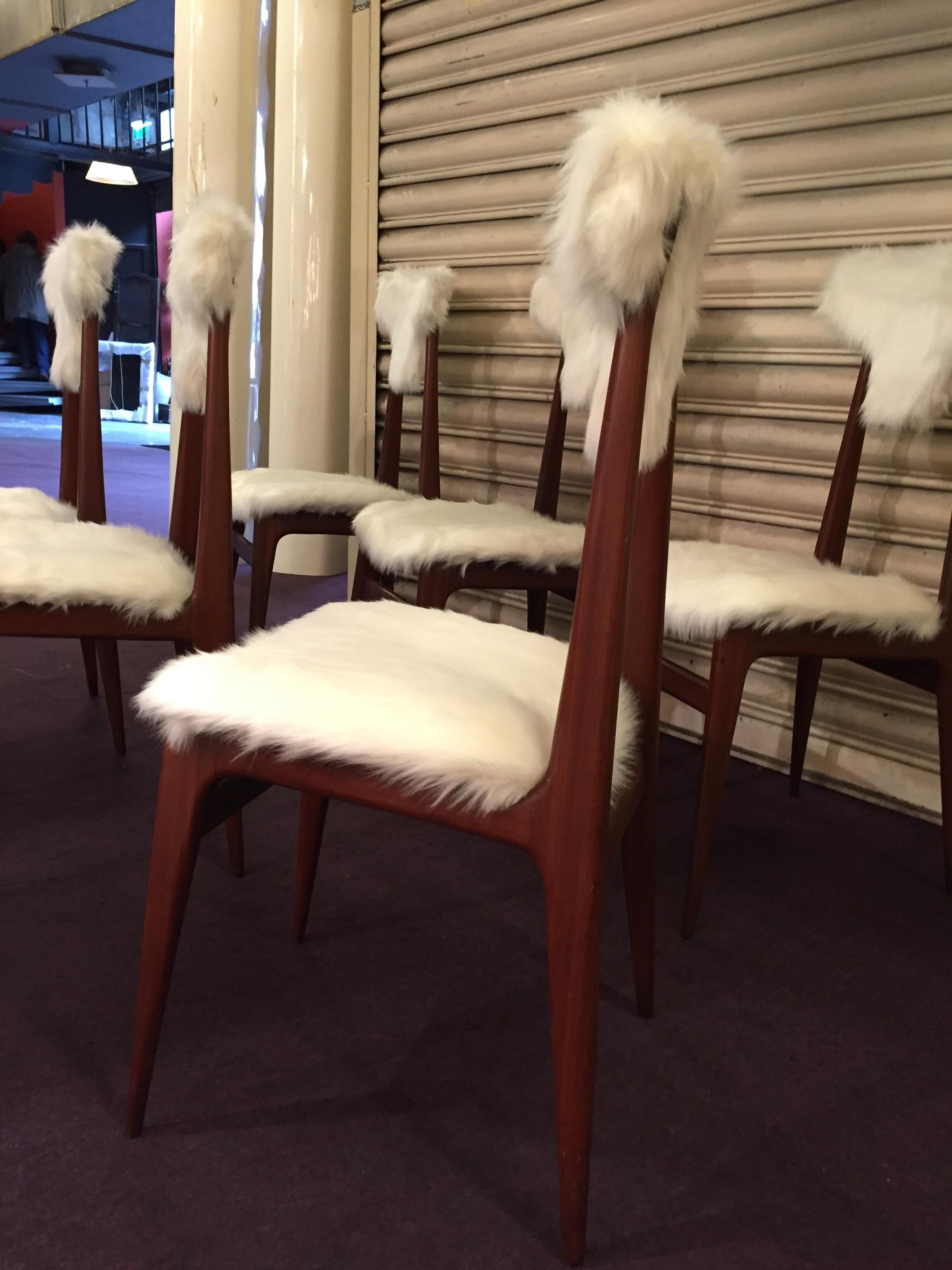 6 chairs in wood and synthetic fur design Italian 1950