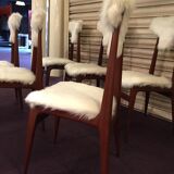 6 chairs in wood and synthetic fur design Italian 1950