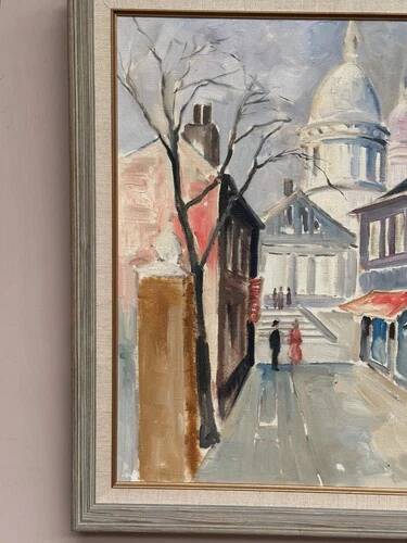 Mid-Century Oil on Canvas “City Scene” by WB, Signed, Vintage & Framed 40×47cm