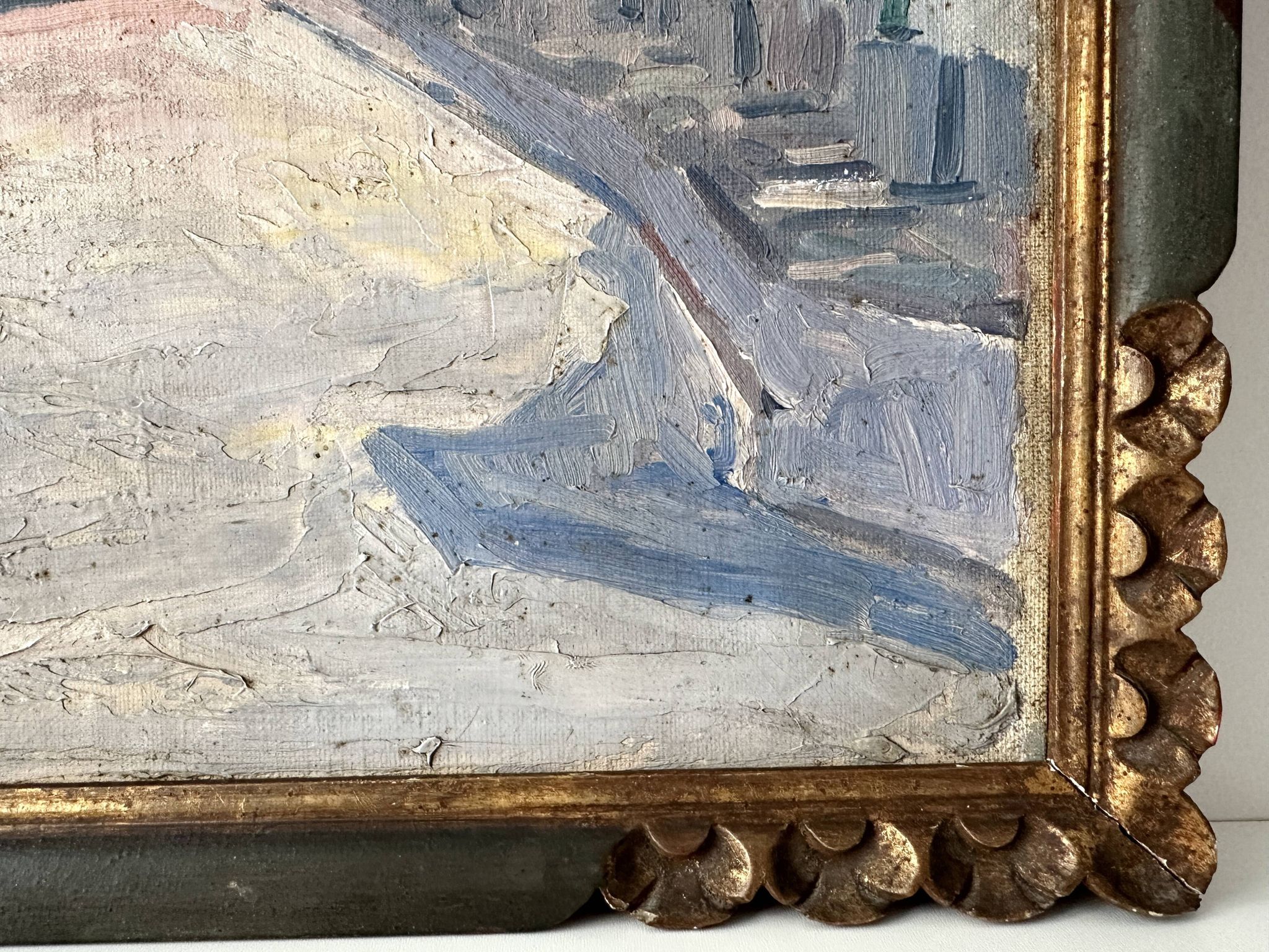 Oil on canvas of a French village "Bavay" 1928, landscape signed and framed.