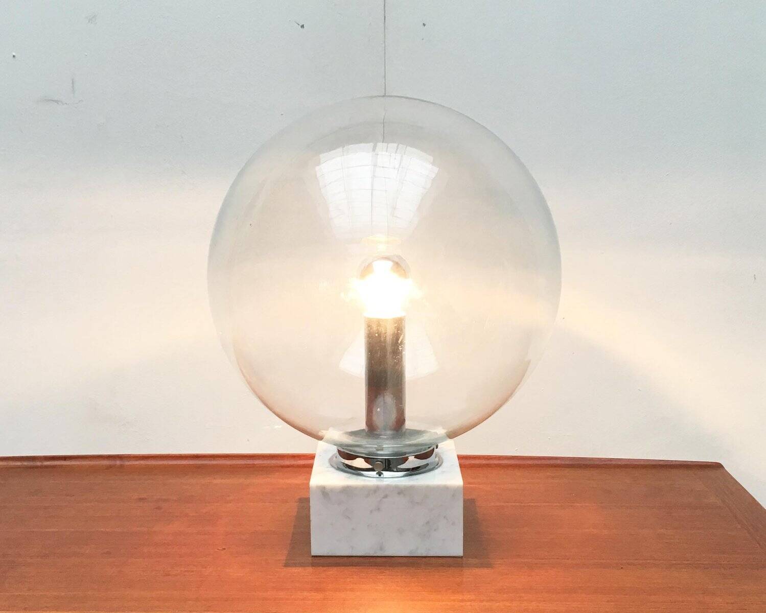 Mid-century glass and marble table lamp 3480 by Erco, 1960s.
