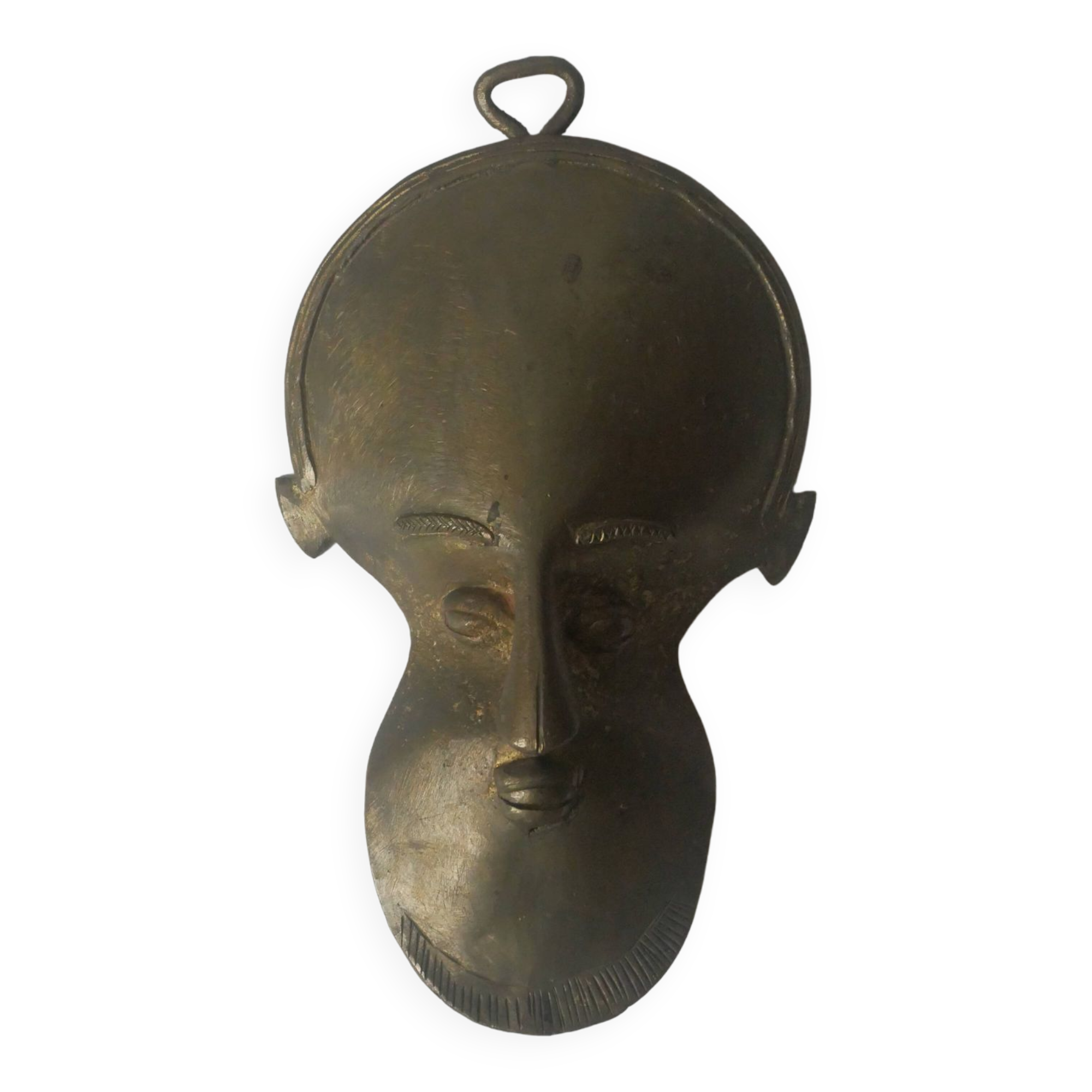 Brass mask wall sculpture tribal decorative object African art handmade vintage
