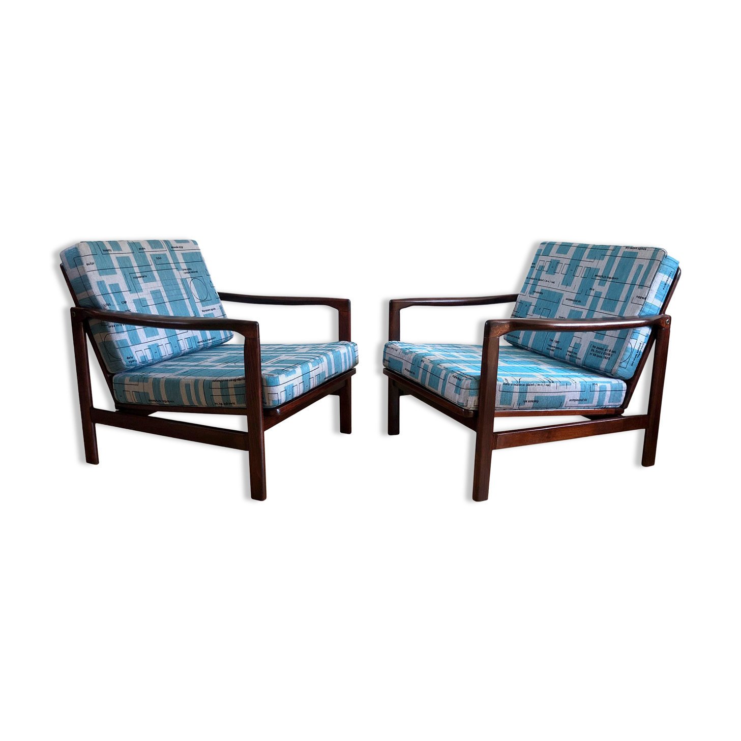 Model B-7752 Blue Jacquard Armchairs by Zenon Bączyk, 1960s, Set of 2
