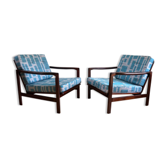 Model B-7752 Blue Jacquard Armchairs by Zenon Bączyk, 1960s, Set of 2