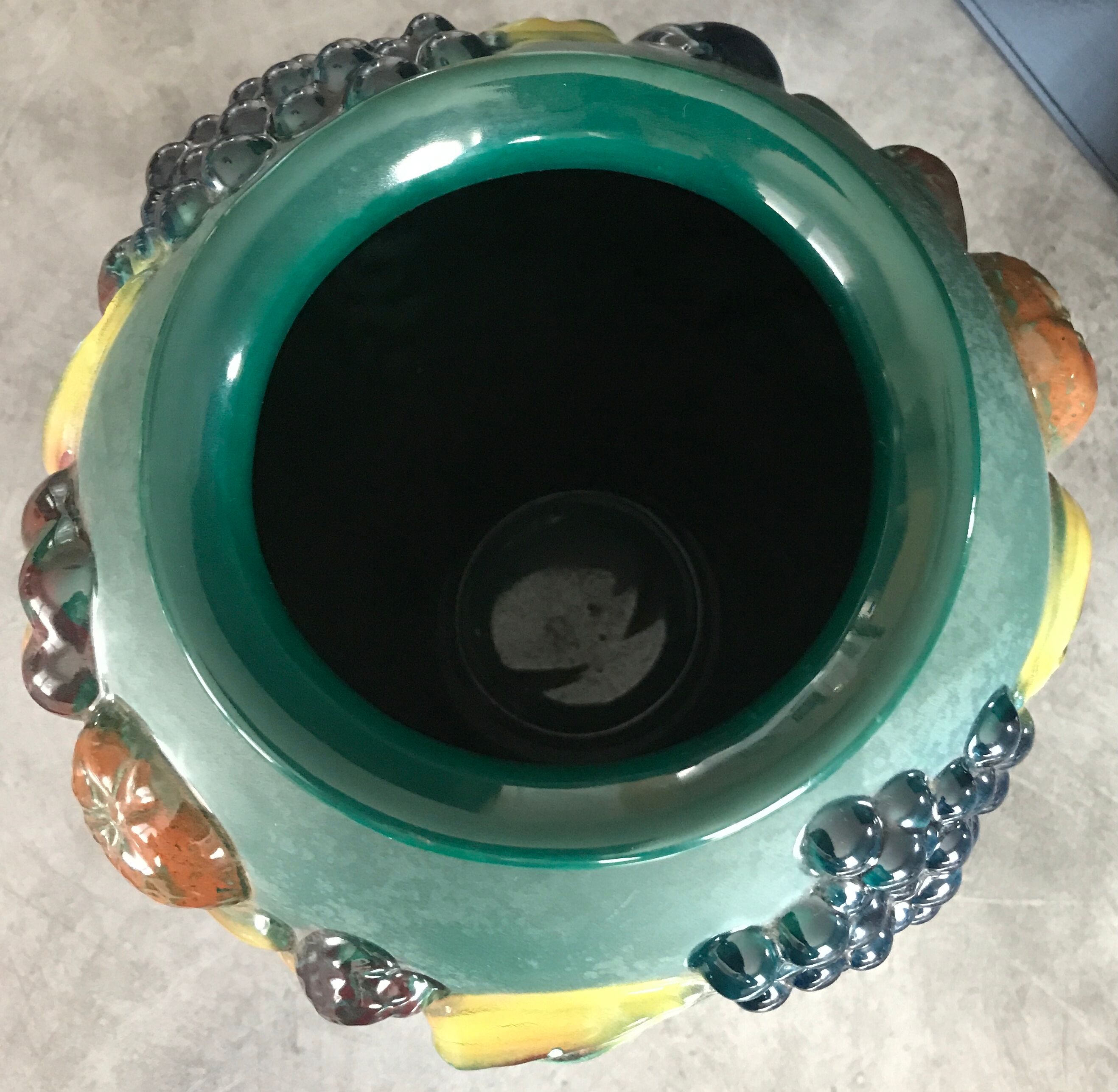 Green ceramic vase with polychrome decoration of fruits and vegetables in relief 33.5 cm