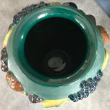 Green ceramic vase with polychrome decoration of fruits and vegetables in relief 33.5 cm