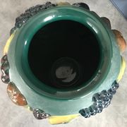 Green ceramic vase with polychrome decoration of fruits and vegetables in relief 33.5 cm