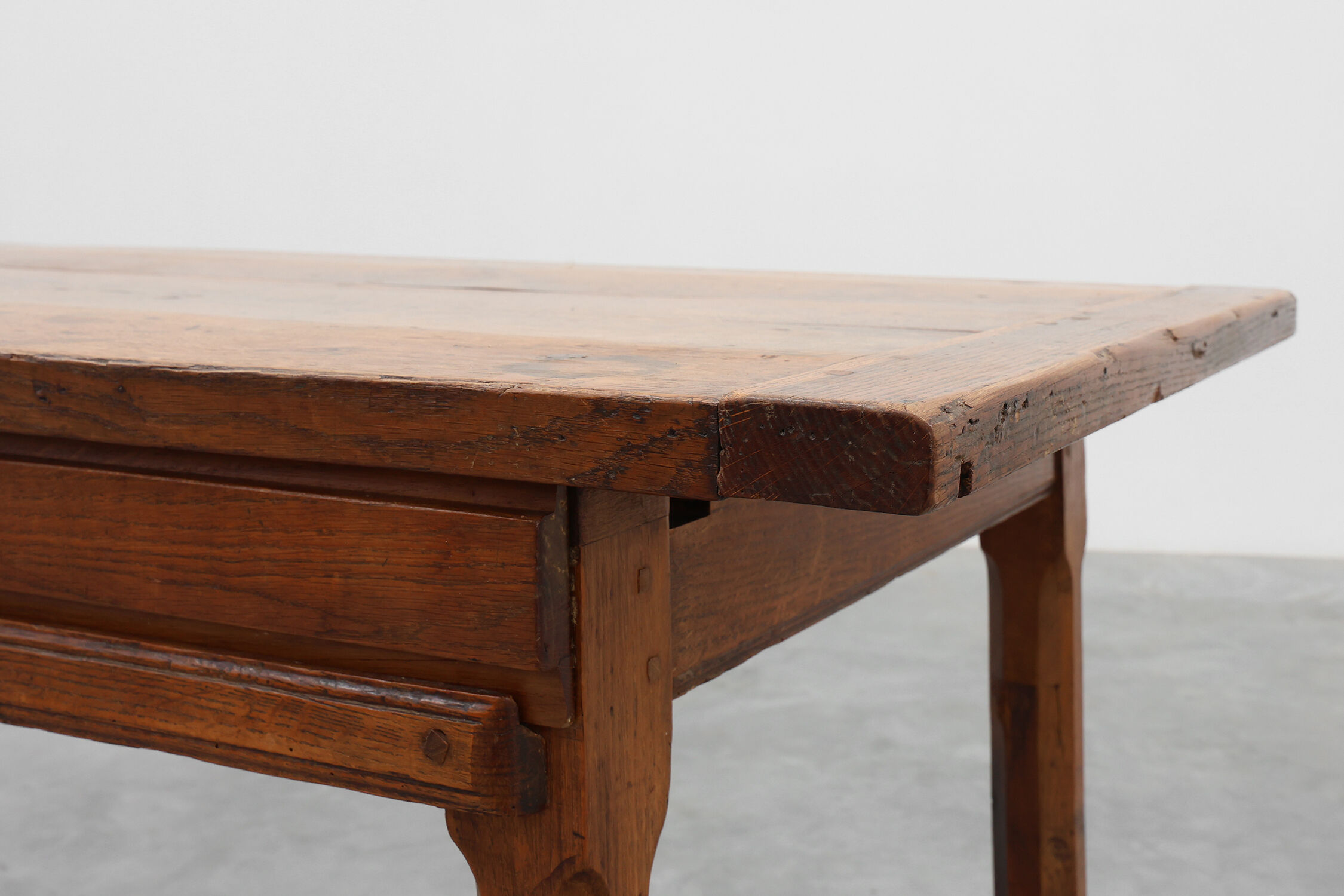 Rustic 19th century oak dinner table with drawers opening laterally, France