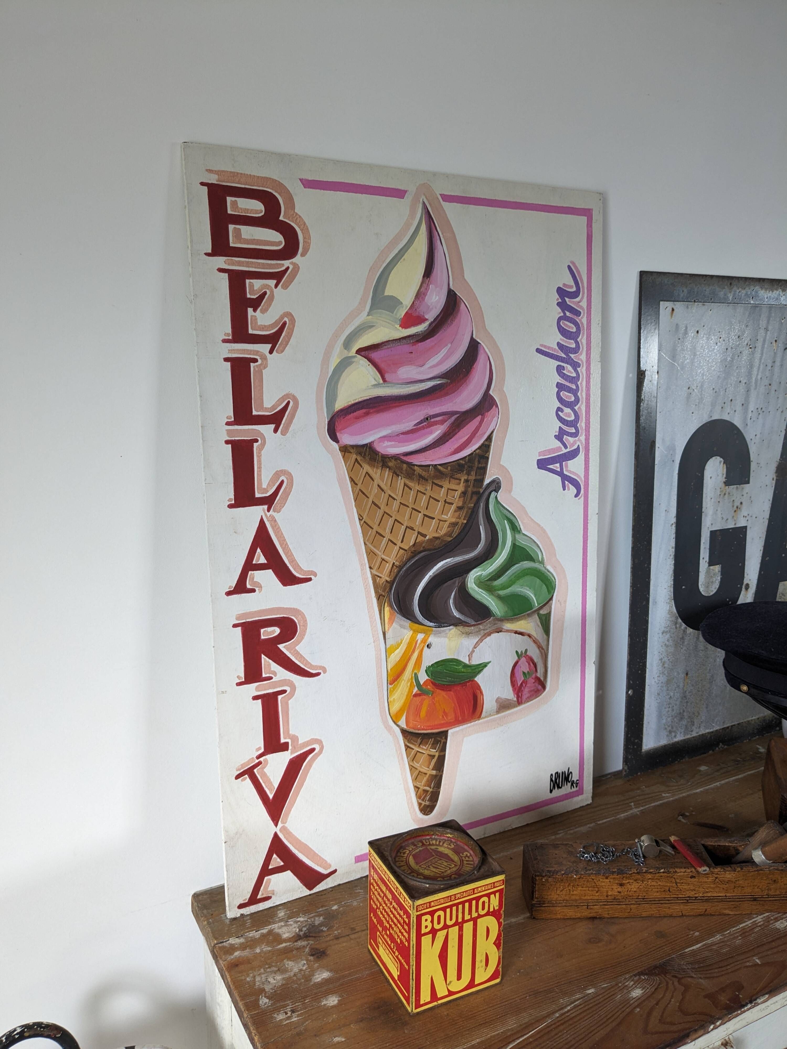 Vintage artisanal ice cream parlour sign Bellariva Arcachon 90 x 58cm