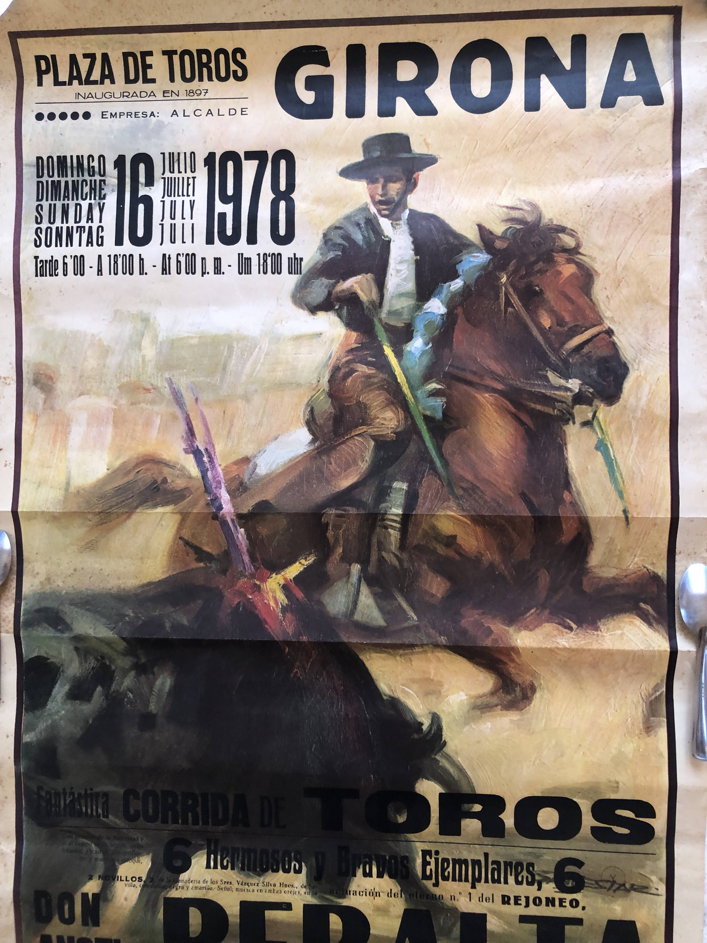 Corrida poster 1978 girona spain rejoneador bull toro bullring toreador picador banderillas