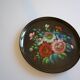 Vintage Russian metal plate with hand-painted floral decoration D 32 cm