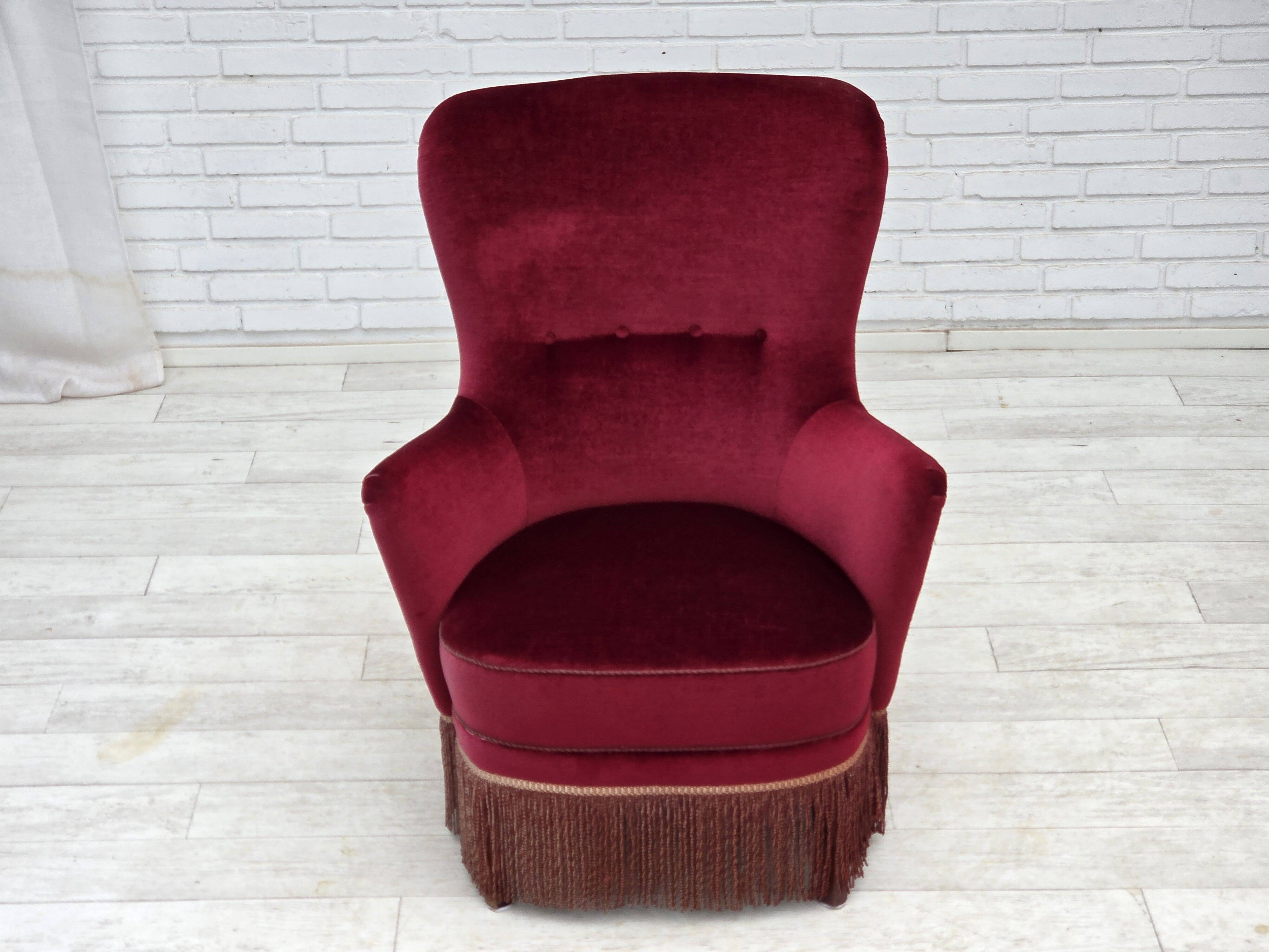 1970s, Danish highback armchair, red furniture velour, beech wood.