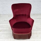 1970s, Danish highback armchair, red furniture velour, beech wood.