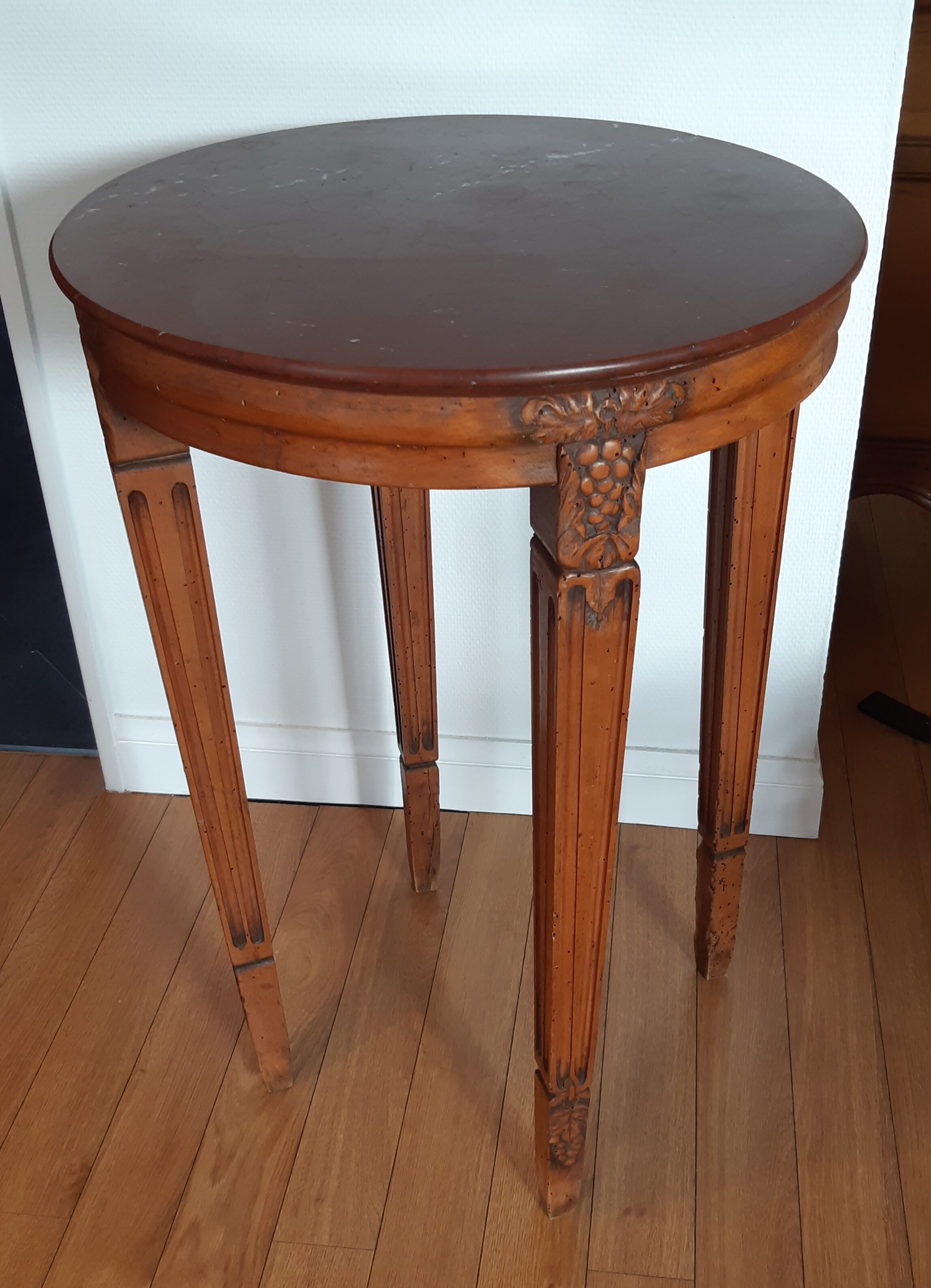 Pedestal table or cherry side table, grill marble top