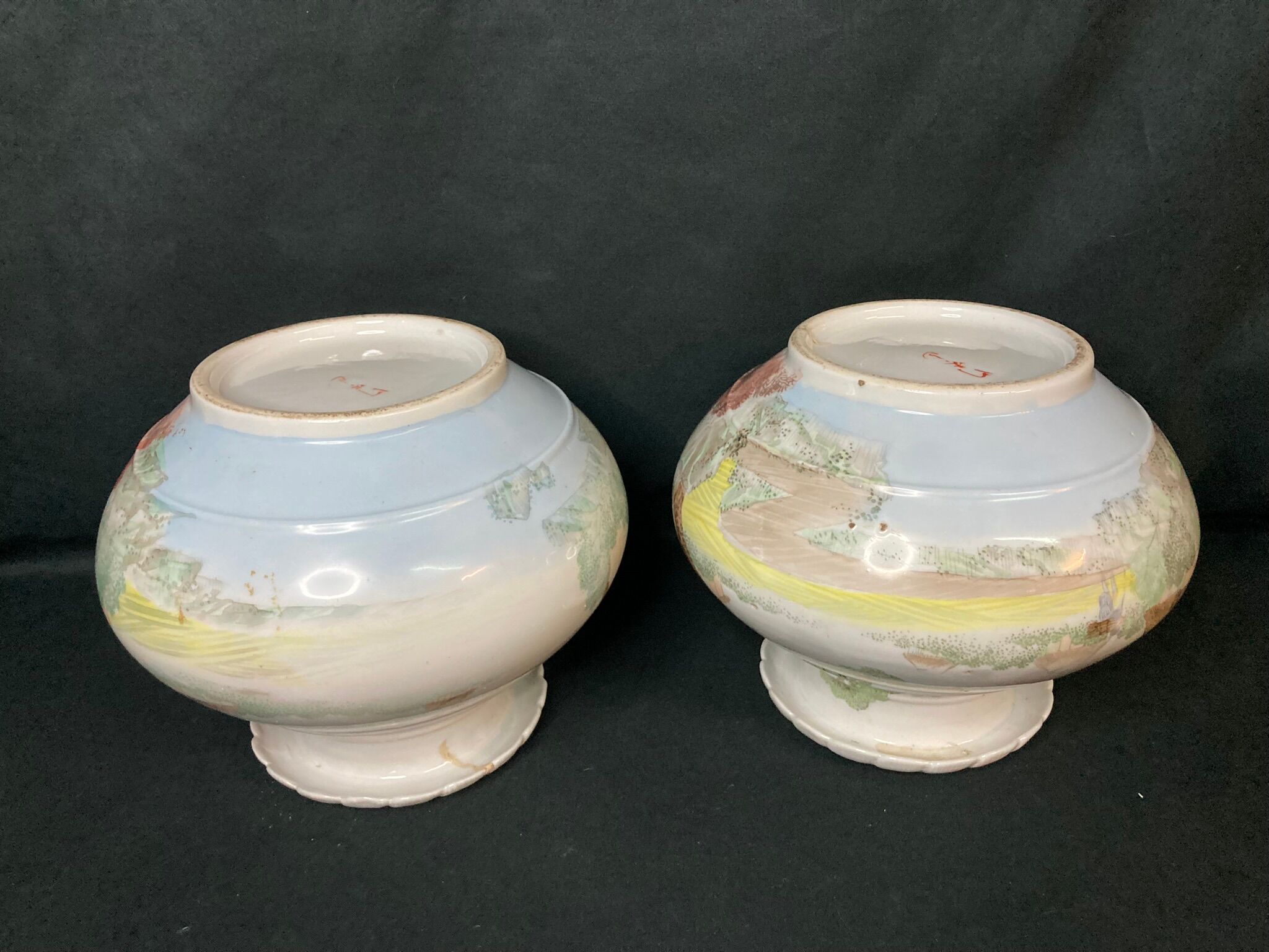 Pair of porcelain ball vases with cottage decor, late 19th century