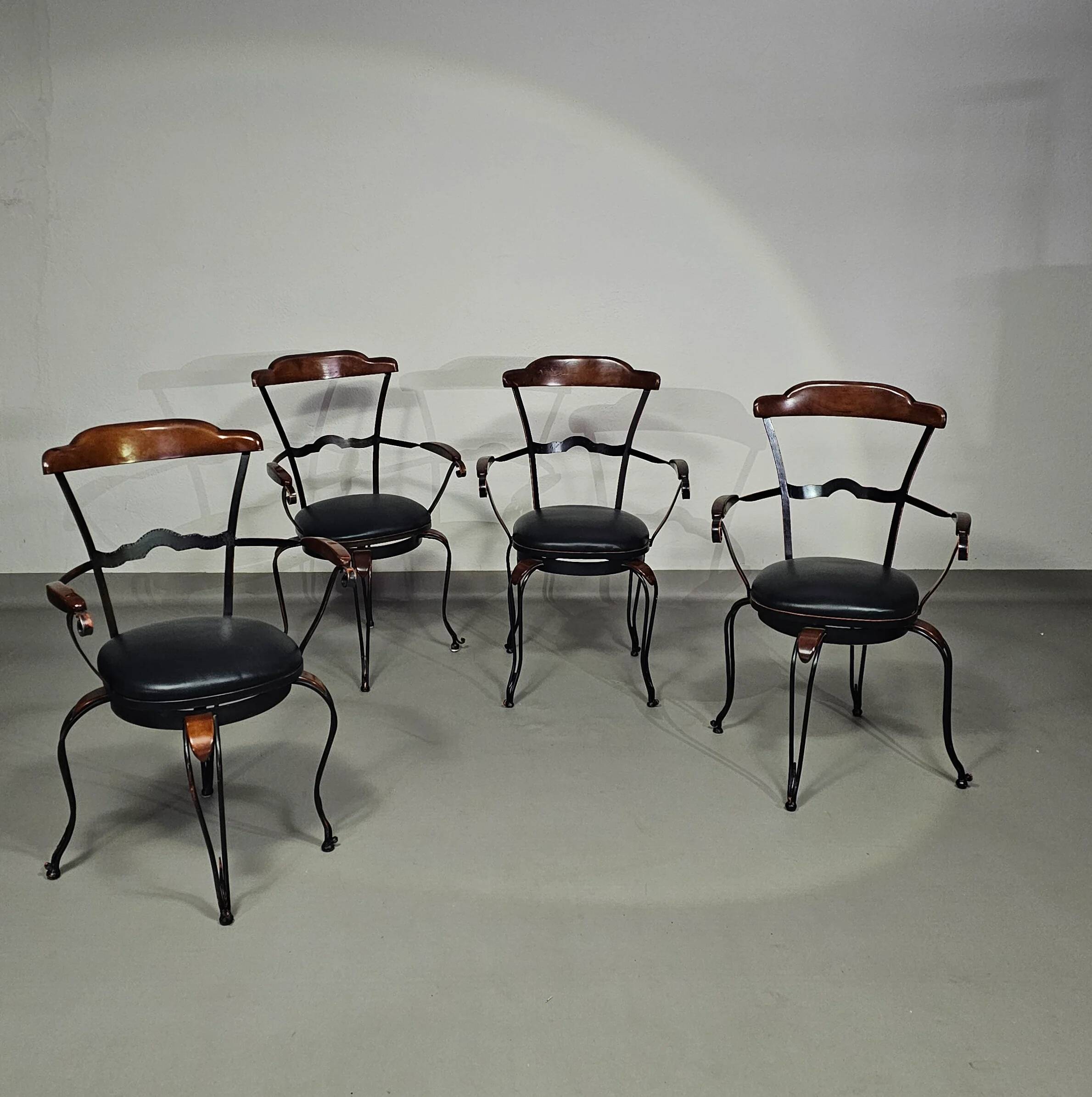 Italian postmodern turnable wrought iron dining chairs with leather seats
