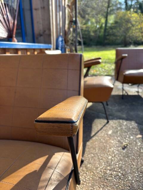 4 camel faux leather armchairs, 1950s
