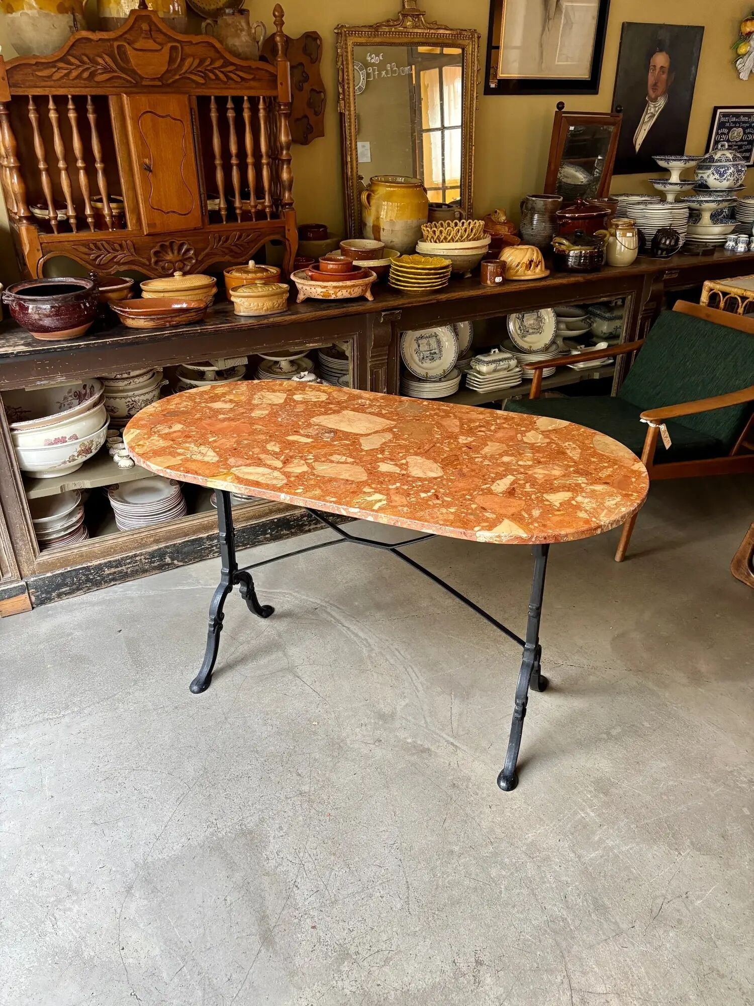 Oblong bistro table in Caunes stone and black cast iron, 120 x 60 cm
