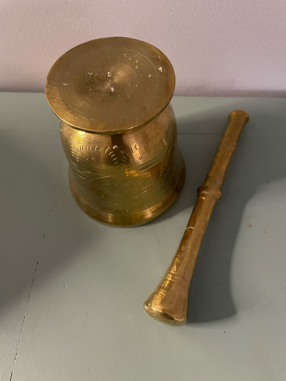 Golden metal mortar and pestle