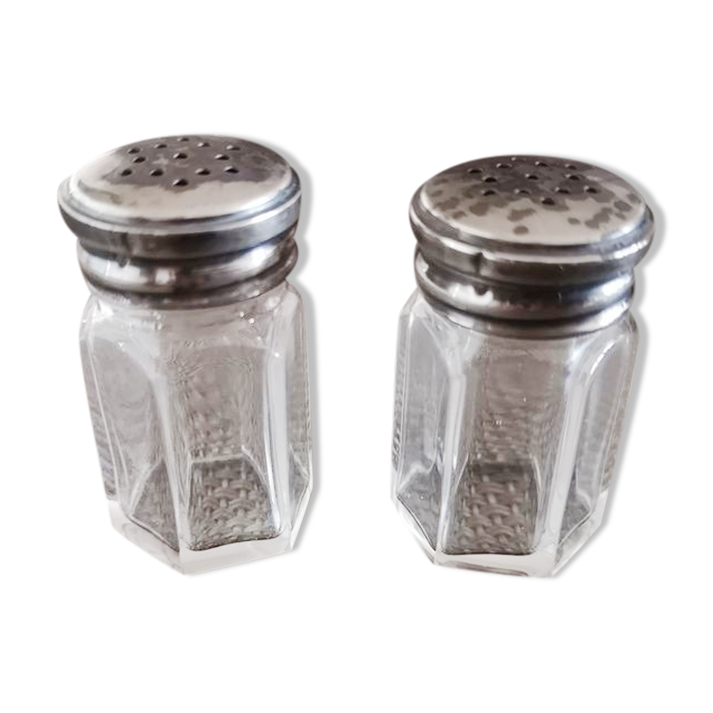 Pair of small crystal and silver metal salt shakers art deco period