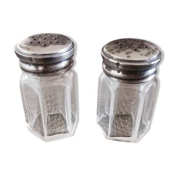 Pair of small crystal and silver metal salt shakers art deco period