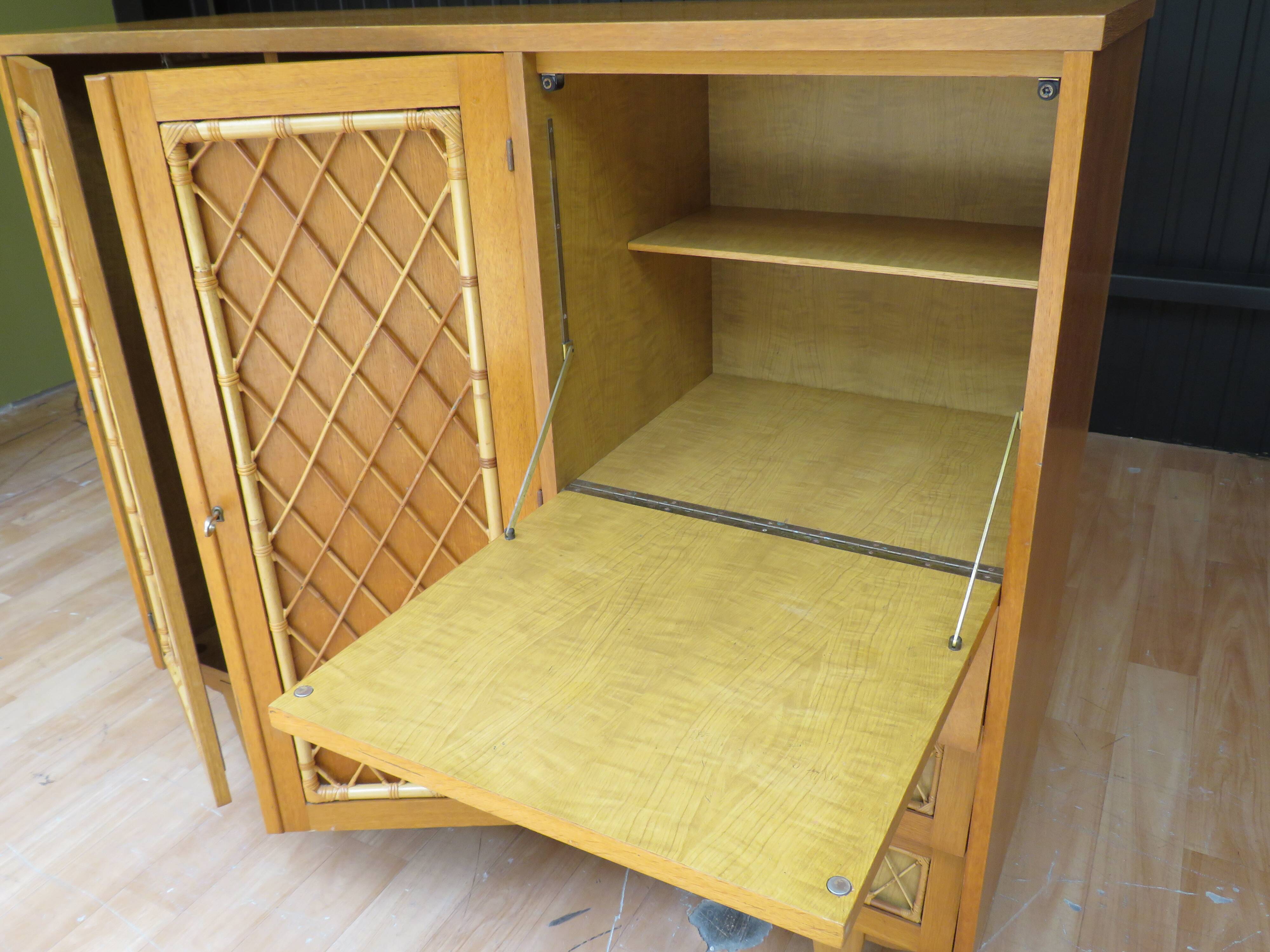 Wardrobe secretary child 60s wood and rattan feet compass