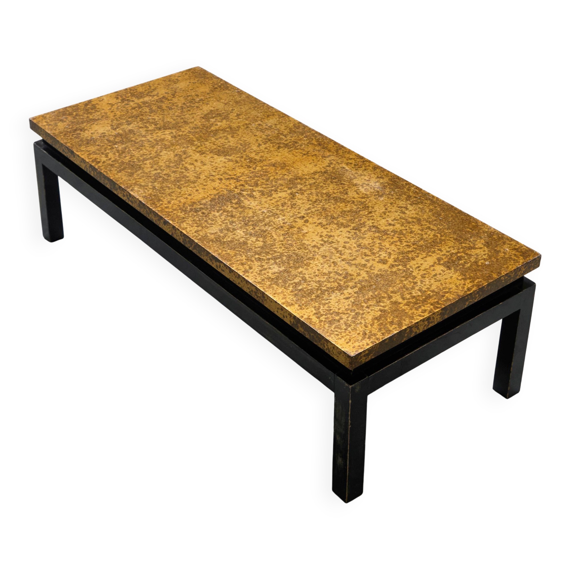 Modernist coffee table with a patinated gold top, 120x52.5x36 cm, mid-20th century.