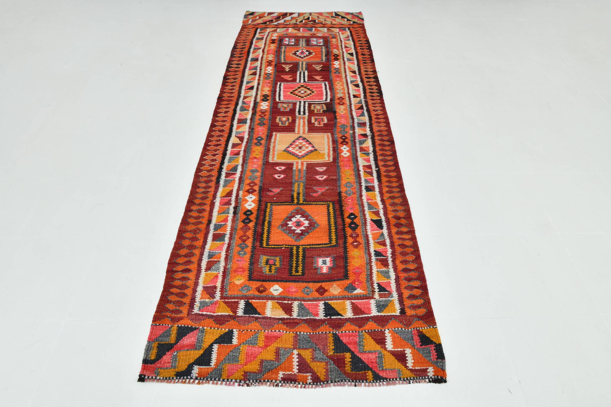 4x11 Kilim Long Wide Dark Red Handwoven Vintage Kilim Runner Rug, 104x317