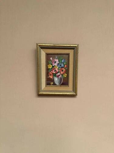 Oil on Canvas Laid on Panel “ Vase” by Sascher, Vintage & Framed 22×27cm